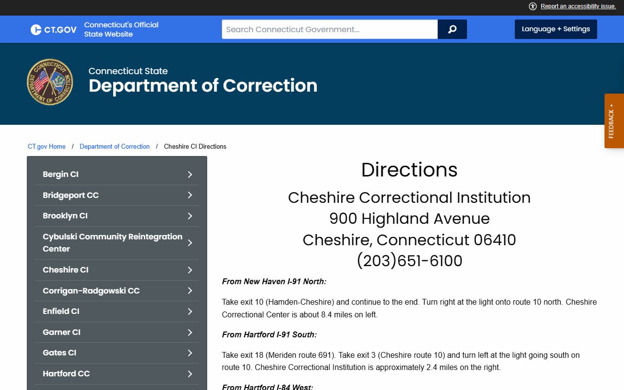 Official Cheshire CI directions page used by visitors planning a trip to the New Haven County inmate population facility