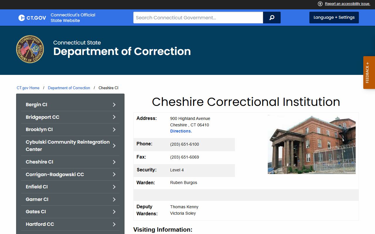 Official CT DOC Cheshire Correctional Institution facility page used to confirm the inmate population and custody records in New Haven County