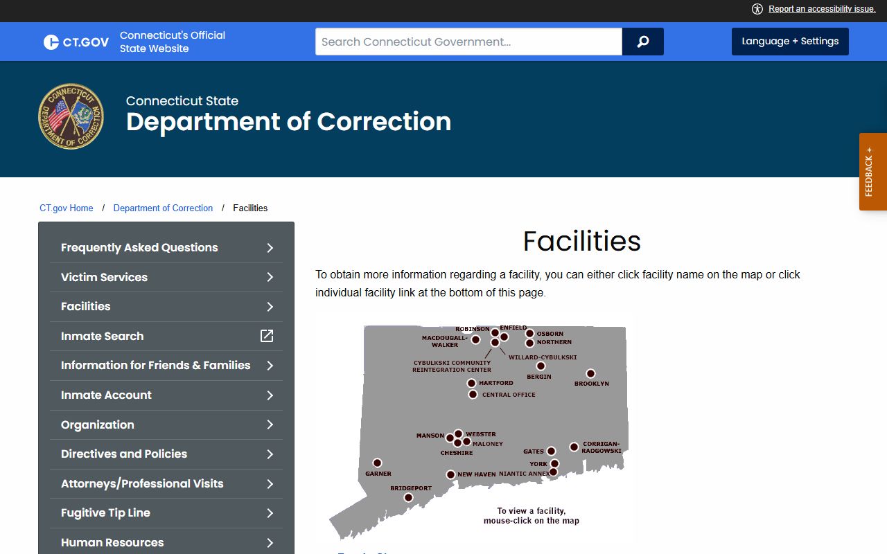 Statewide CT DOC facility map listing the facilities that hold the New Haven County inmate population