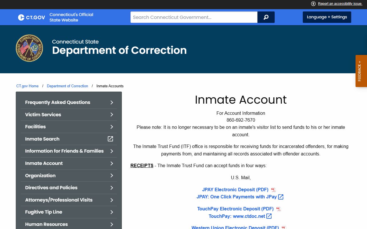 CT DOC inmate trust fund deposit page used to send money to the New Haven County inmate population at Cheshire CI