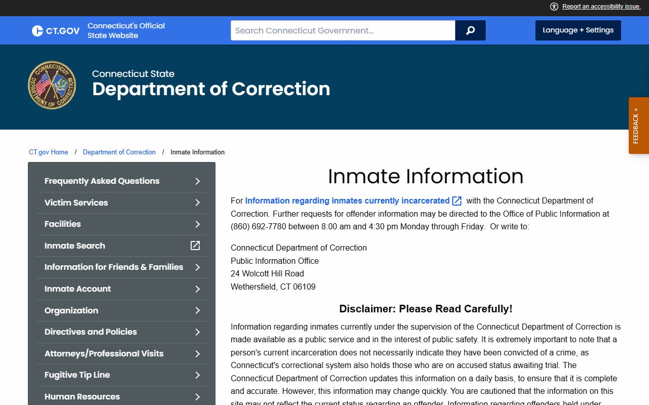 New Haven County CT DOC inmate information page with custody record disclaimer