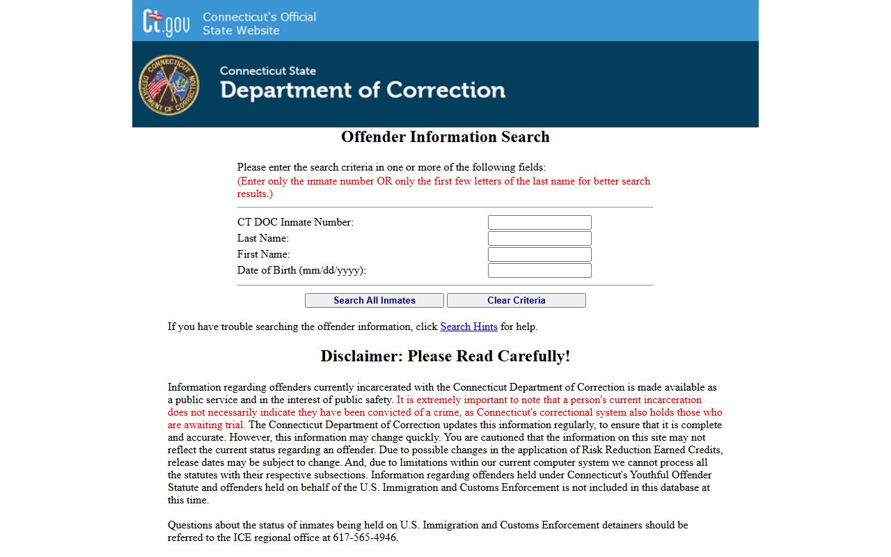 Official CT DOC inmate information search portal used to look up the New Haven County inmate population and custody records