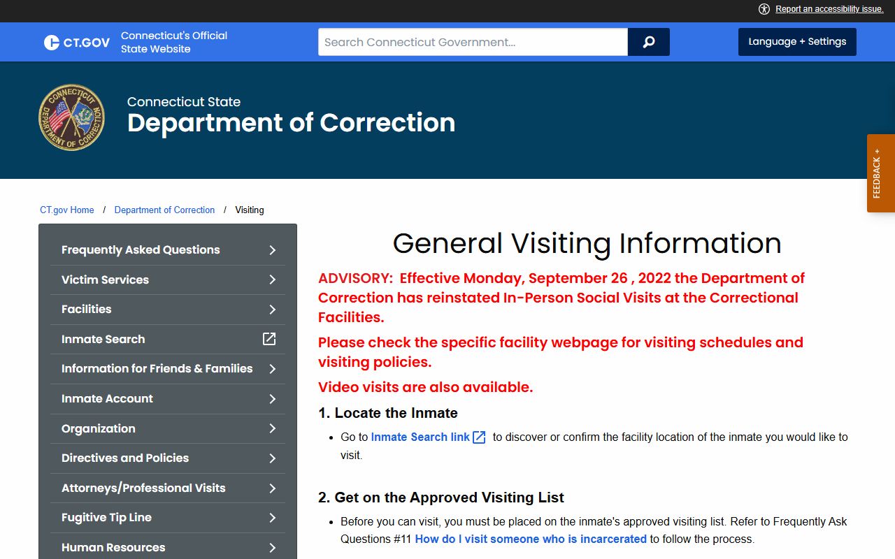 CT DOC visiting information page for New Haven Correctional Center inmate visits in New Haven County