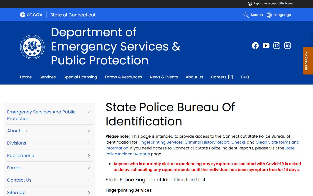 State Police Bureau of Identification page for New Haven County arrest record and mugshot requests