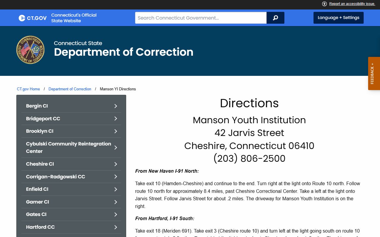 Official Manson Youth Institution directions page for New Haven County inmate visits and records