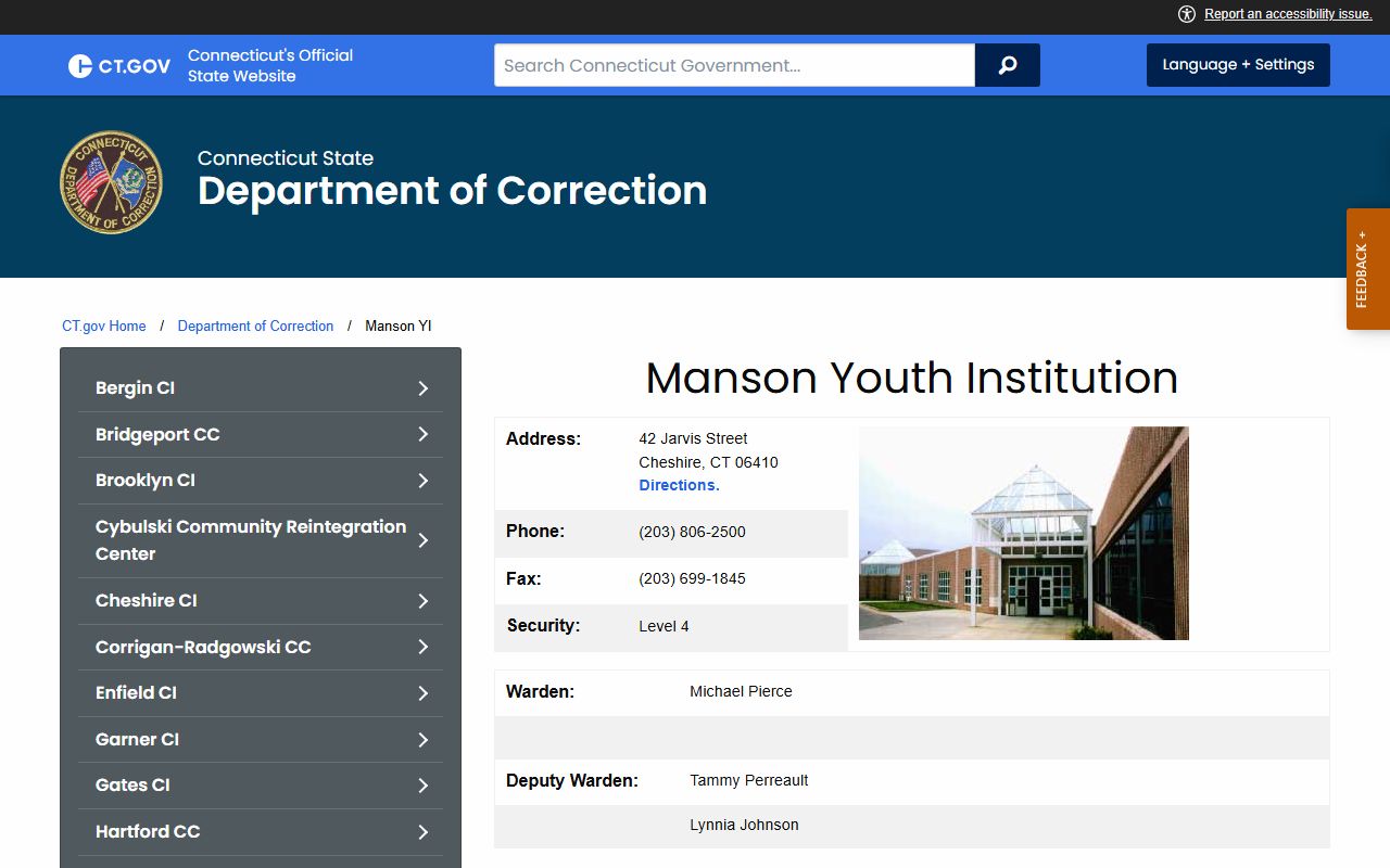 Official CT DOC Manson Youth Institution facility page for New Haven County inmate records
