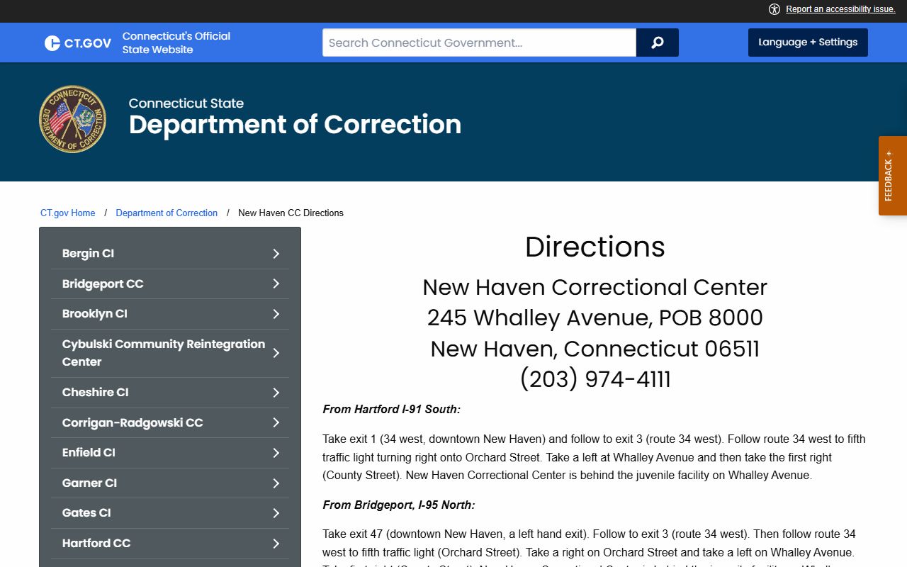 Official CT DOC driving directions page for New Haven Correctional Center inmate visits in New Haven County
