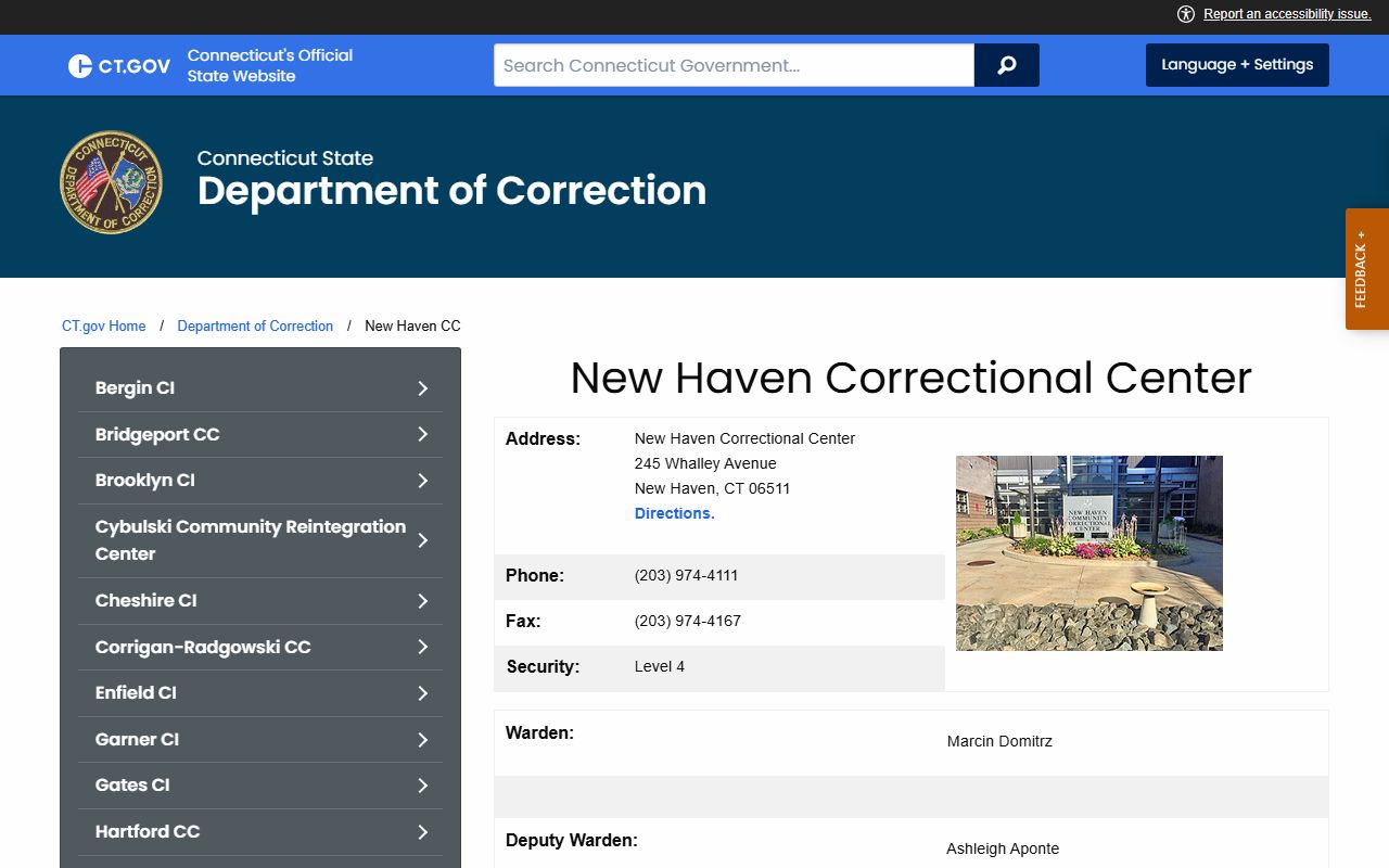 Official CT DOC New Haven Correctional Center facility page used for inmate lookup in New Haven County