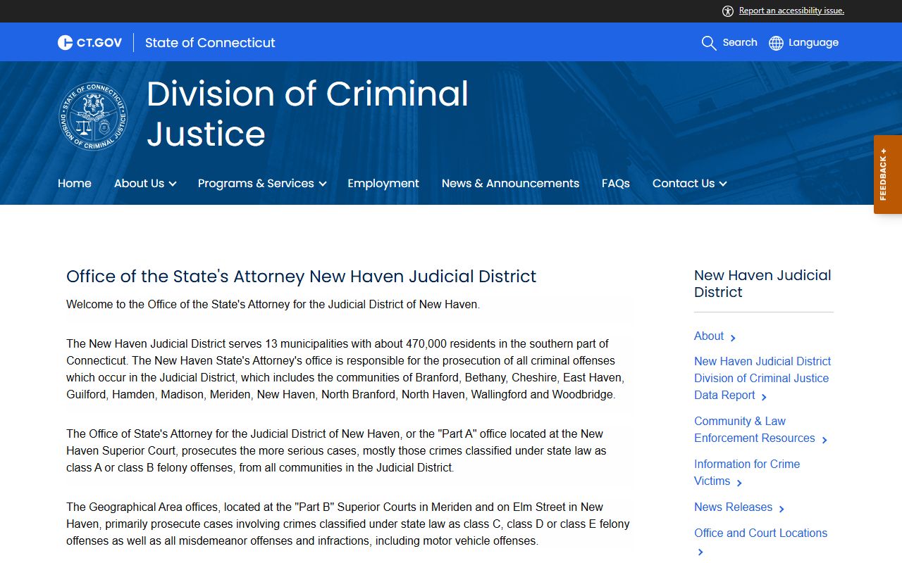 New Haven County State's Attorney page tied to court records filed after an arrest